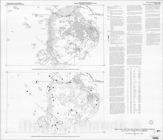 Map : Generalized geologic and summary geochemical maps of the Rolla one degree x two degrees quadrangle, Missouri, one978 Cartography Wall Art :