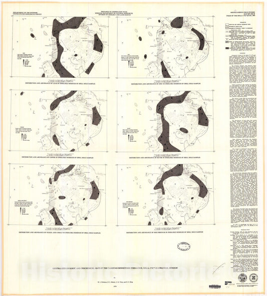 Map : Generalized geologic and geochemical maps of the Cambrian Bonneterre Formation, Rolla one degree x two degrees quadrangle, Missouri, one979 Cartography Wall Art :