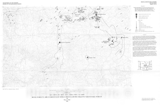 Map : Mines, prospects, and occurrences of metallic minerals in the Rolla one degree x two degree quadrangle, Missouri, one98two Cartography Wall Art :