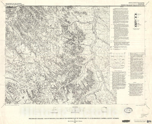 Map : Preliminary geologic map of principal coal beds in the western part of the Recluse one degree x one/2 degree quadrangle, Campbell County, Wyoming, one978 Cartography Wall Art :