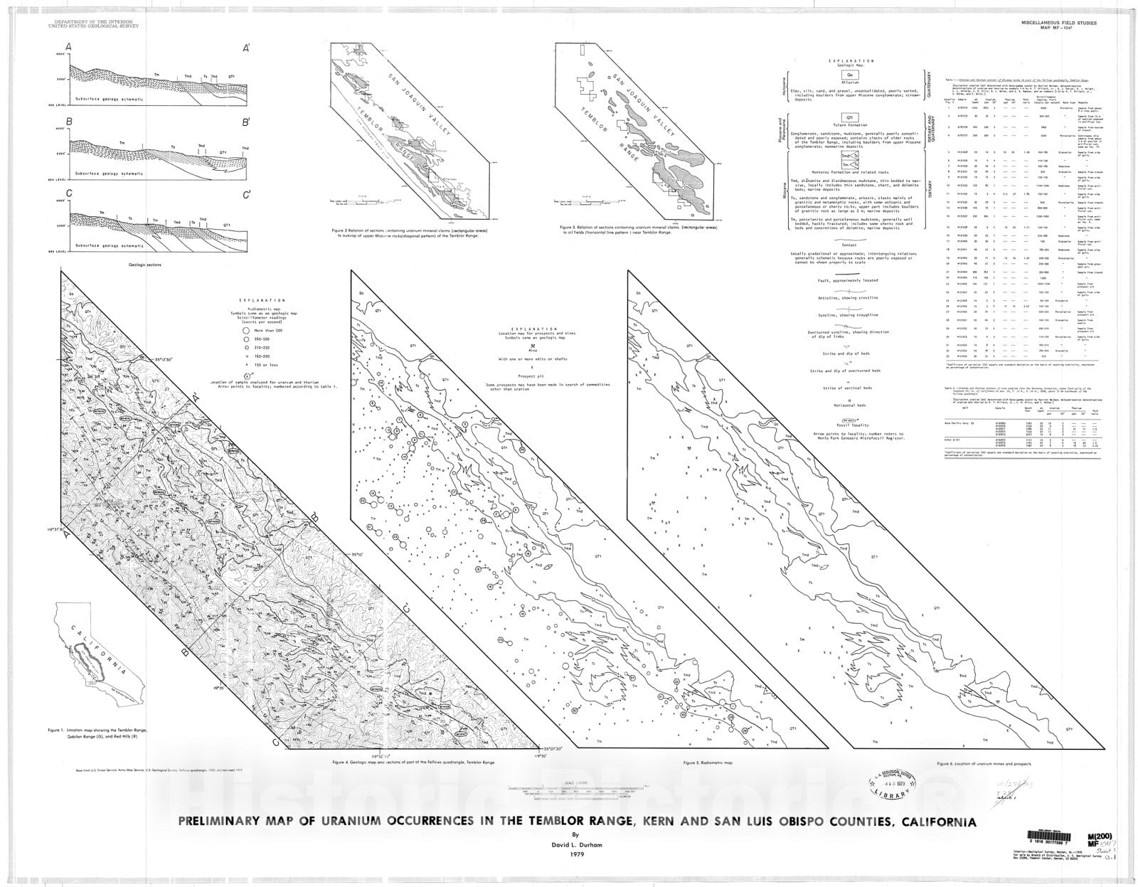 Map : Preliminary map of uranium occurrences in the Temblor Range, Kern and San Luis Obispo Counties, California, 1979 Cartography Wall Art :