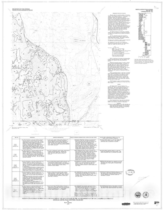 Map : Reconnaissance map showing relative amounts of soil and bedrock in the mountainous part of the Larkspur quadrangle, Douglas and, 1979 Cartography Wall Art :