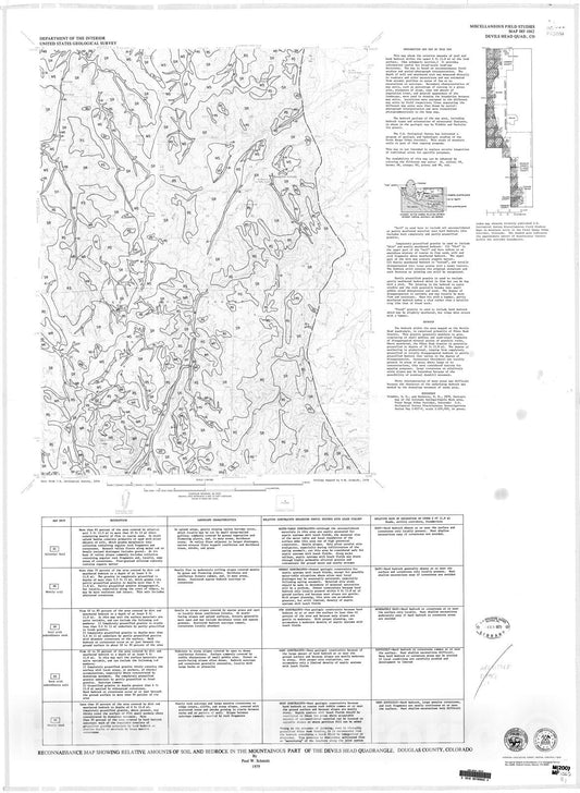 Map : Reconnaissance map showing relative amounts of soil and bedrock in the mountainous part of the Devils Head quadrangle, Douglas County, Colorado, 1979 Cartography Wall Art :