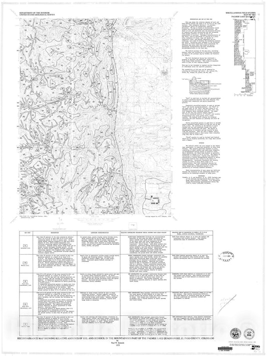 Map : Reconnaissance map showing relative amounts of soil and bedrock in the mountainous part of the Palmer Lake quadrangle, El Paso County, Colorado, 1979 Cartography Wall Art :