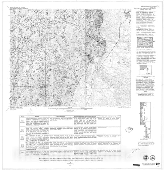 Map : Reconnaissance map showing relative amounts of soil and bedrock in the mountainous part of the Mount Big Chief-Cheyenne Mountain q, 1979 Cartography Wall Art :
