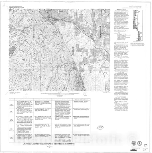 Map : Reconnaissance map showing relative amounts of soil and bedrock in the mountainous part of the Manitou Springs-Colorado Springs, 1979 Cartography Wall Art :