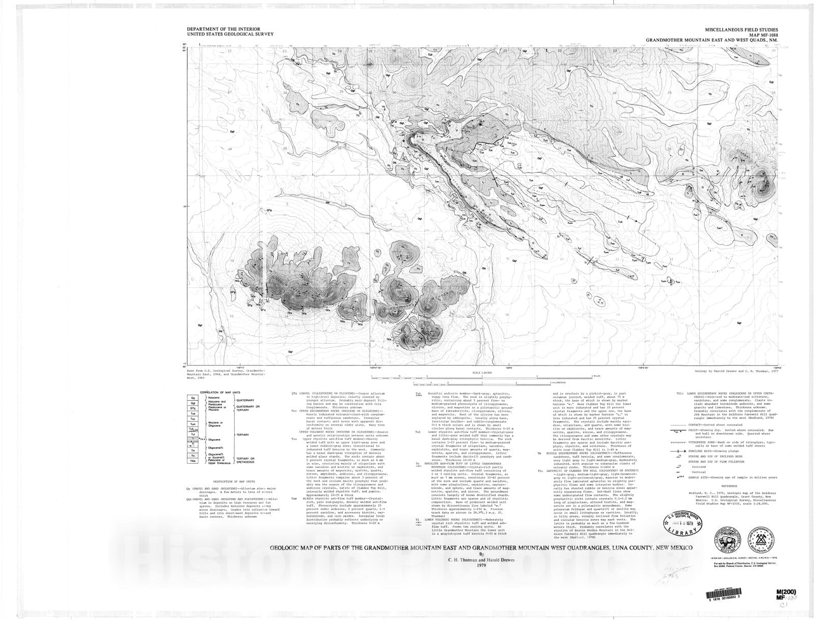 Map : Geologic map of parts of the Grandmother Mountain East and Grandmother Mountain West quadrangles, Luna County, New Mexico, 1979 Cartography Wall Art :