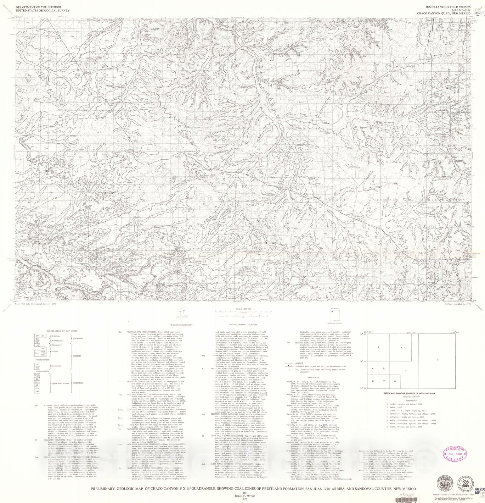 Map : Preliminary geologic map of the Chaco Canyon one degree x one/2 degrees quadrangle, showing coal zones of Fruitland Formation, San Juan, one979 Cartography Wall Art :