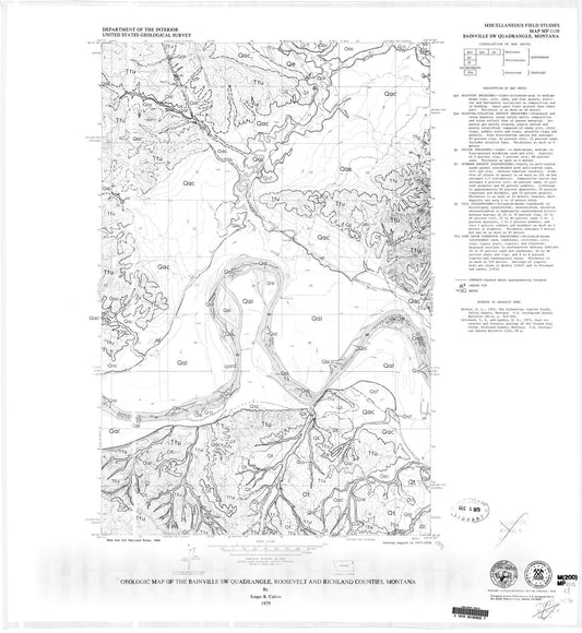 Map : Geologic map of the Bainville SW quadrangle, Roosevelt and Richland Counties, Montana, 1979 Cartography Wall Art :