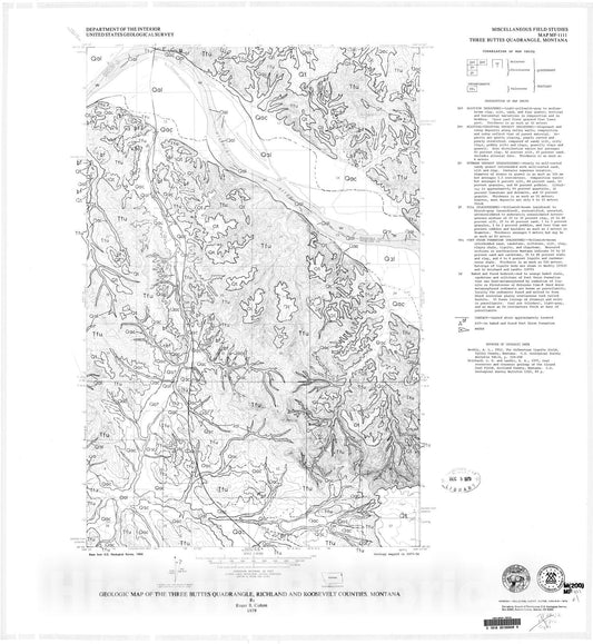 Map : Geologic map of the Three Buttes quadrangle, Richland and Roosevelt Counties, Montana, 1979 Cartography Wall Art :