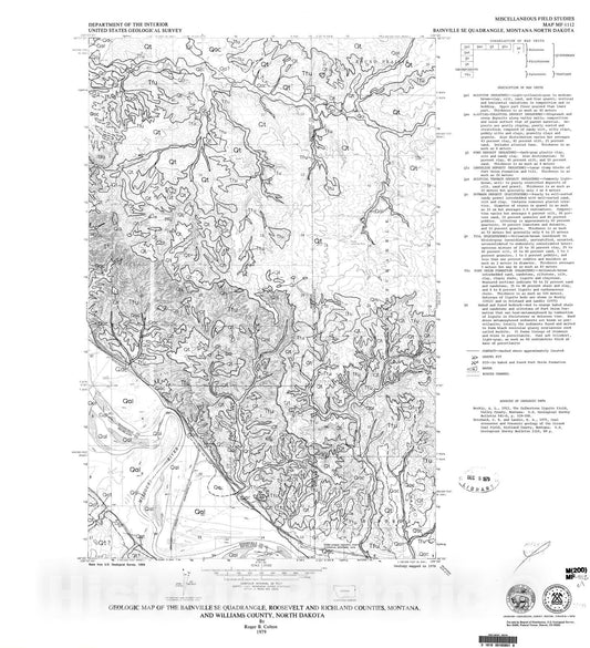 Map : Geologic map of the Bainville SE quadrangle, Roosevelt and Richland Counties, Montana, and Williams County, North Dakota, 1979 Cartography Wall Art :