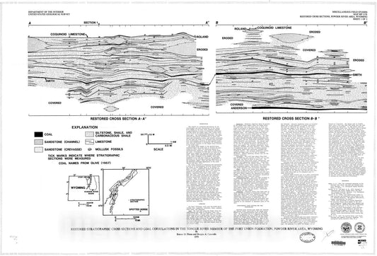 Map : Restored stratigraphic cross sections and coal correlations in the Tongue River Member of the Fort Union Formation, Powder River area, Wyoming, 1979 Cartography Wall Art :