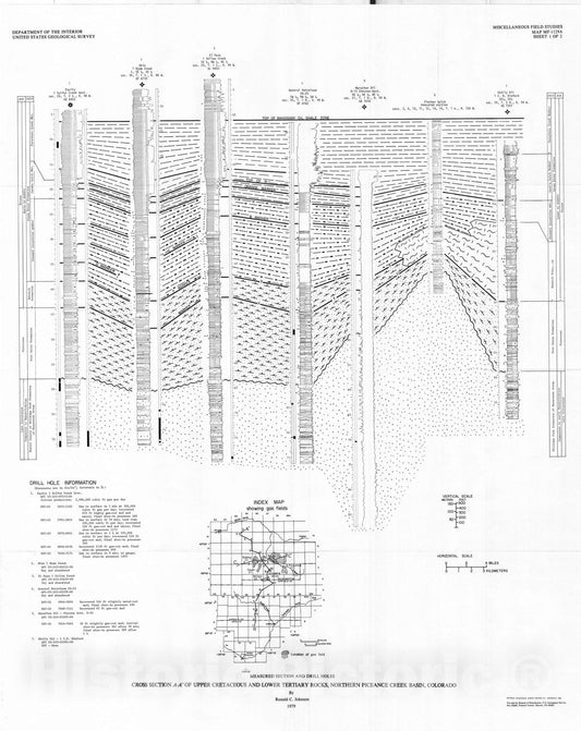 Map : Cross section A-A' of Upper Cretaceous and Lower Tertiary Rocks, northern Piceance Creek Basin, Colorado, 1979 Cartography Wall Art :