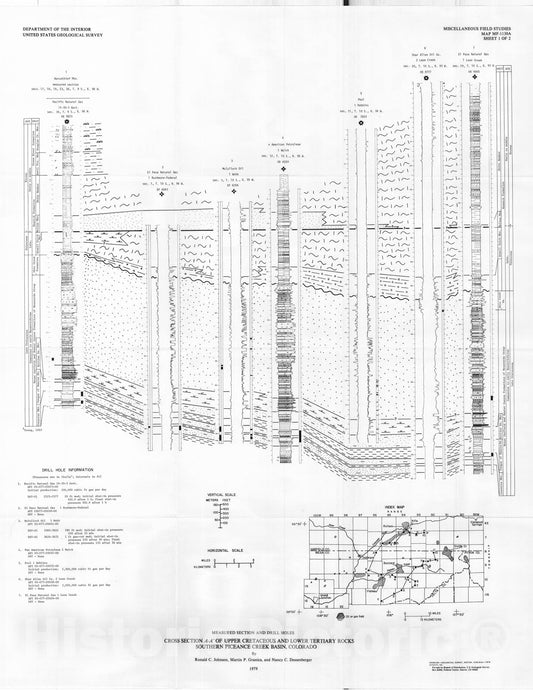 Map : Cross section A-A' of Upper Cretaceous and Lower Tertiary Rocks, southern Piceance Creek Basin, Colorado, 1979 Cartography Wall Art :