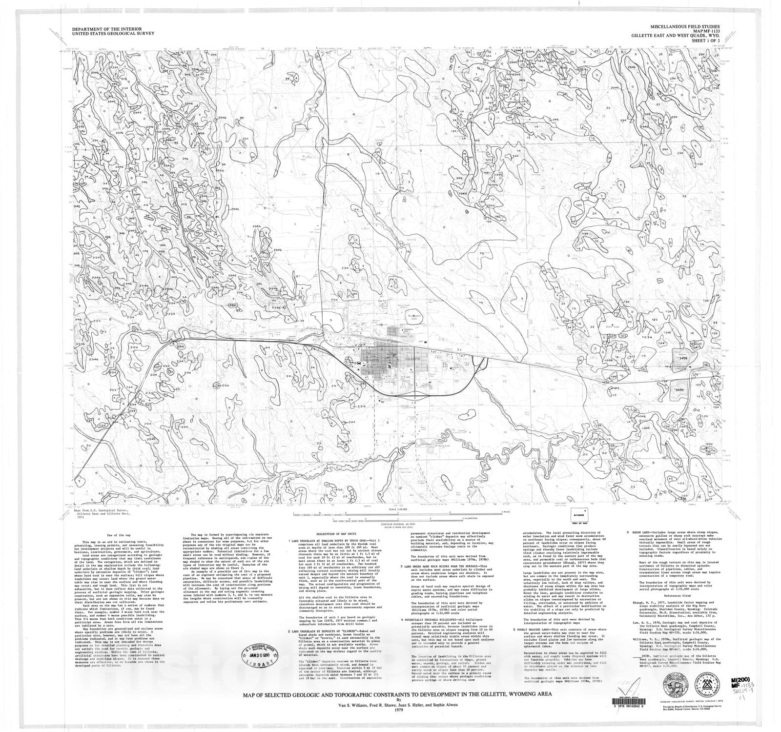 Map : Map of selected geologic and topographic constraints to development in the Gillette, Wyoming area, 1979 Cartography Wall Art :