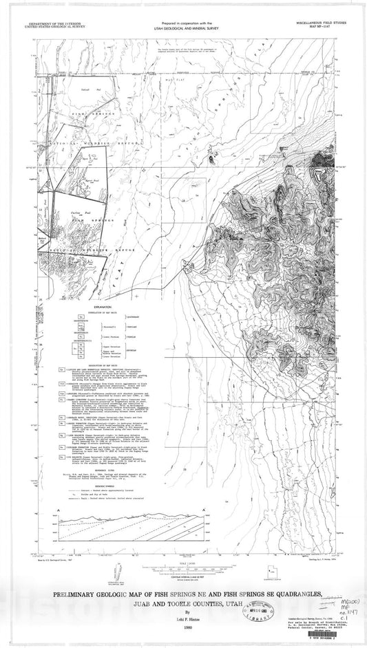 Map : Preliminary geologic map of Fish Springs NE and Fish Springs SE quadrangles, Juab and Tooele Counties, Utah, 1980 Cartography Wall Art :