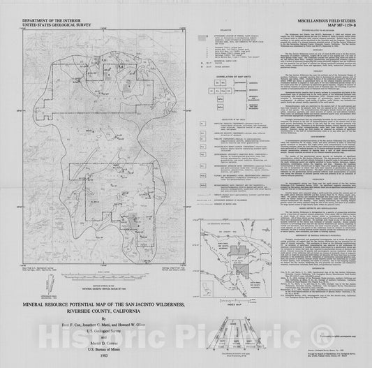 Map : Mineral resource potential map of the San Jacinto Wilderness, Riverside County, California, 1983 Cartography Wall Art :