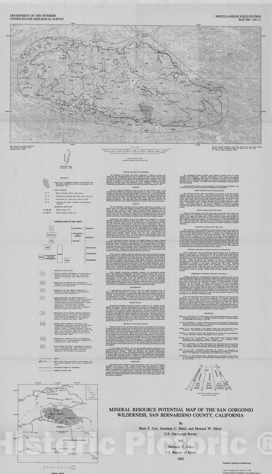 Map : Mineral resource potential map of the San Gorgonio Wilderness area and vicinity, San Bernardino County, California, 1983 Cartography Wall Art :