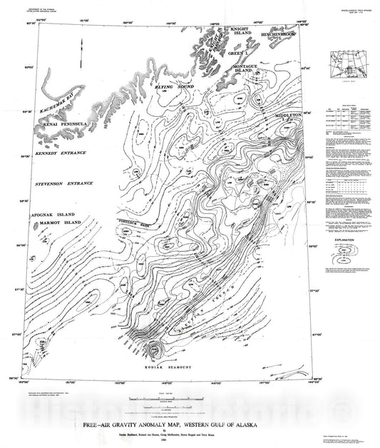 Map : Free-air gravity anomaly map, western Gulf of Alaska, 1980 Cartography Wall Art :
