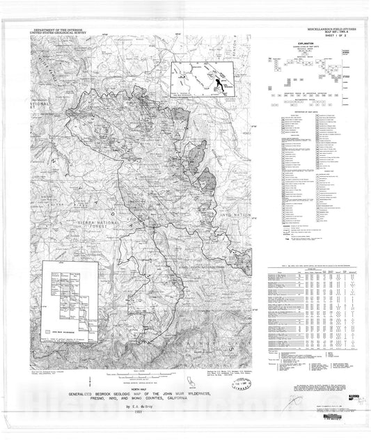Map : Generalized bedrock geologic map of the John Muir Wilderness, Fresno, Inyo, Madera, and Mono Counties, California, 1981 Cartography Wall Art :