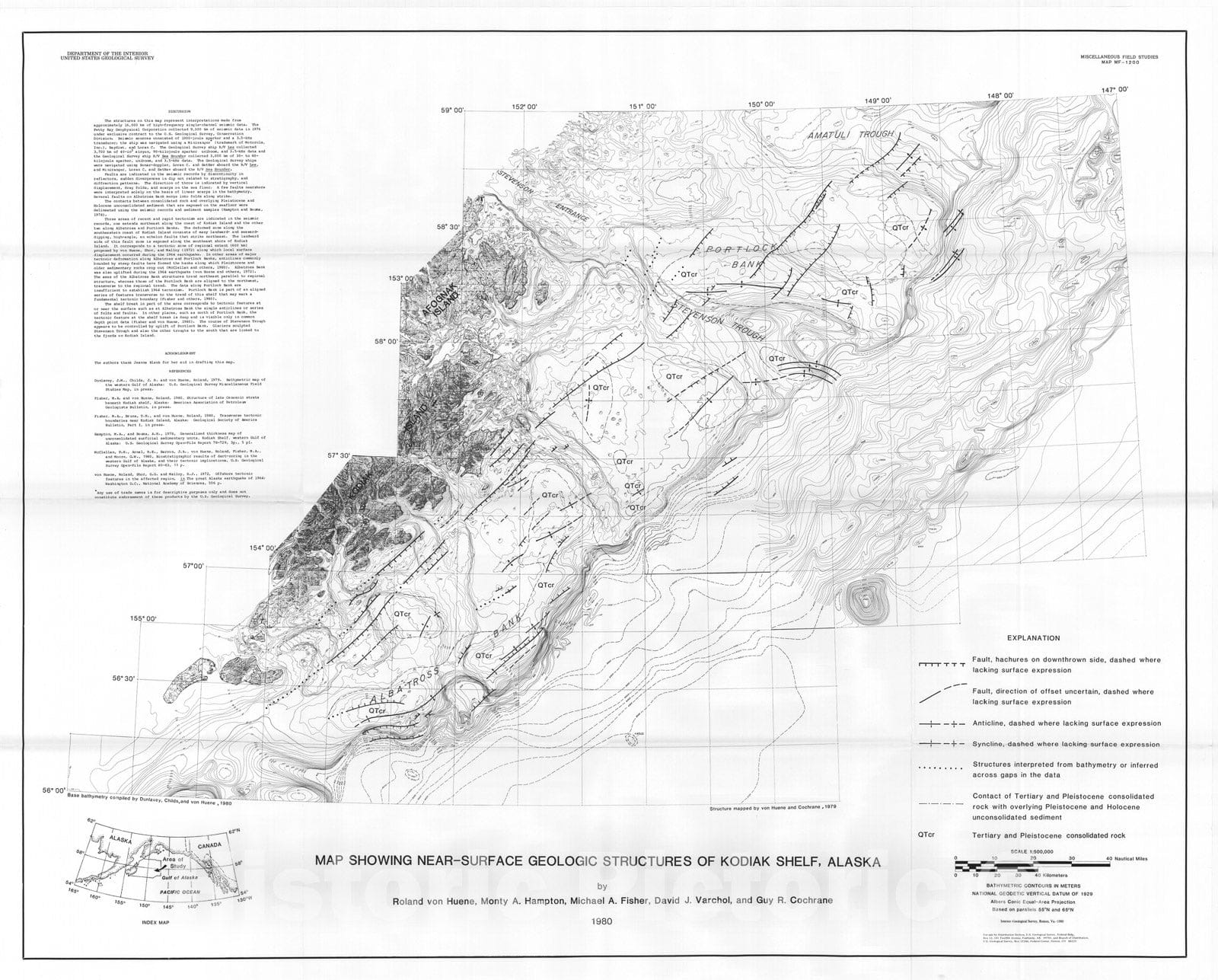 Map : Maps showing near surface geologic structures of Kodiak Shelf, Alaska, 1980 Cartography Wall Art :