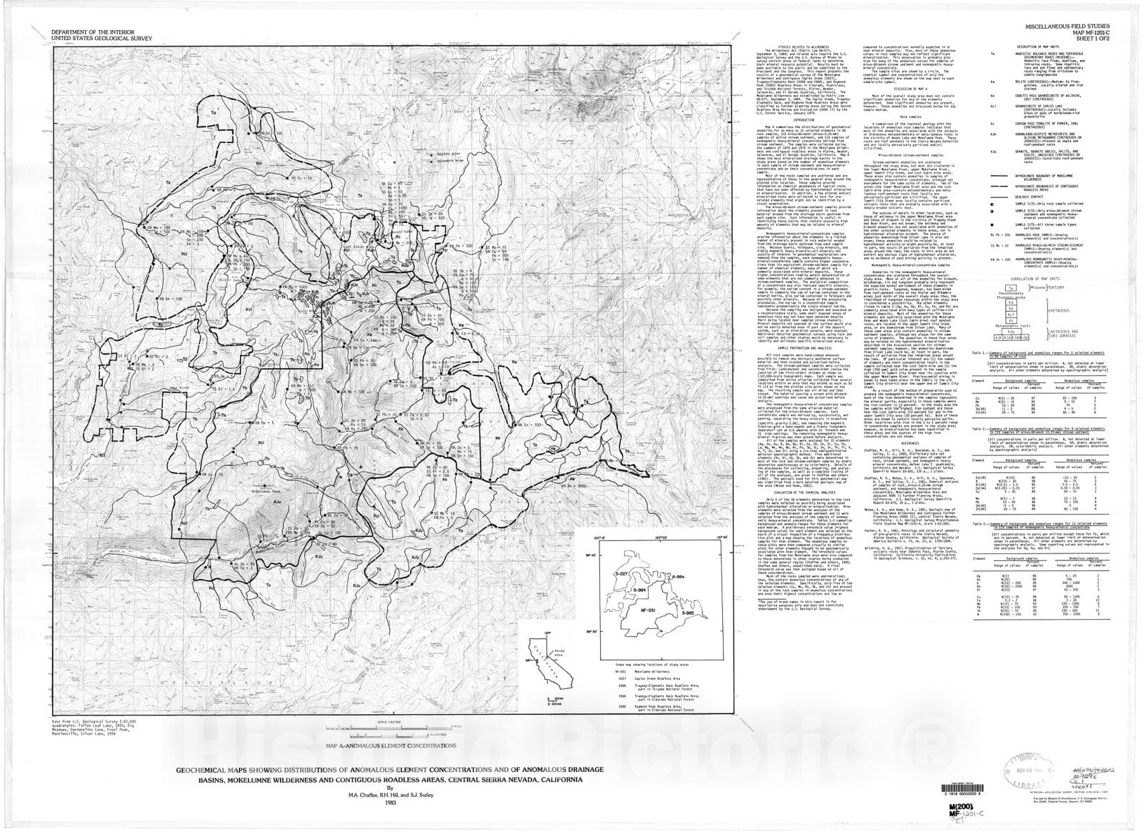 Map : Geochemical maps showing distributions of anomalous element concentrations and of anomalous drainage basins, Mokelumne Wilderness, 1983 Cartography Wall Art :