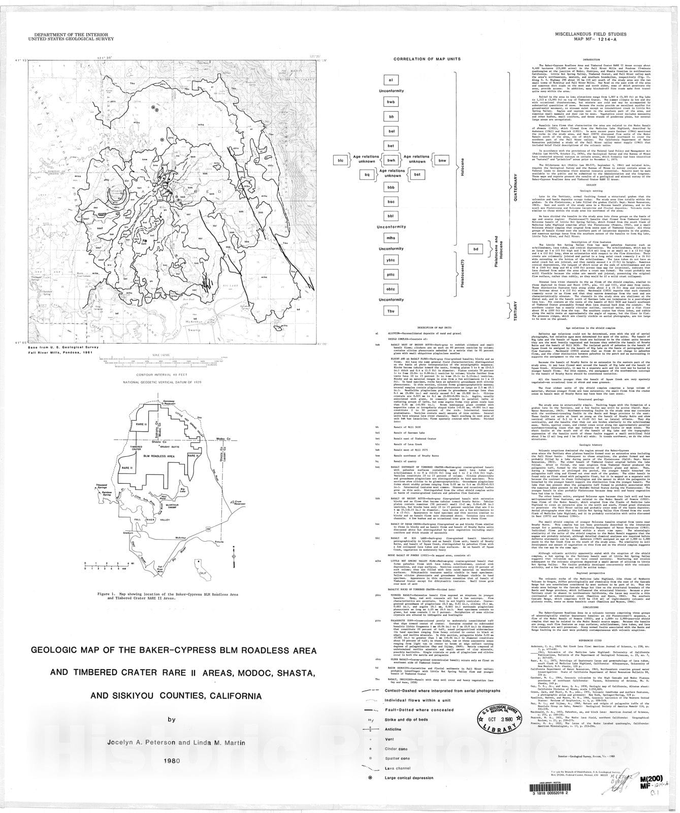 Map : Geologic map of the Baker-Cypress BLM Roadless Area and Timbered Crater RARE II areas, Modoc, Shasta, and Siskiyou Counties, California, 1980 Cartography Wall Art :