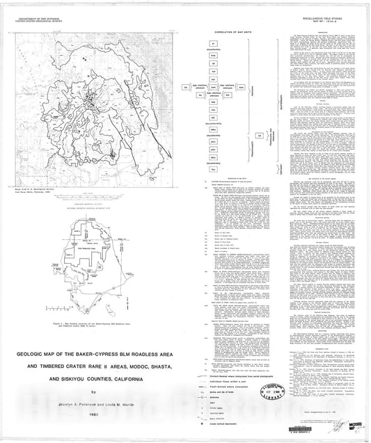 Map : Geologic map of the Baker-Cypress BLM Roadless Area and Timbered Crater RARE II areas, Modoc, Shasta, and Siskiyou Counties, California, 1980 Cartography Wall Art :