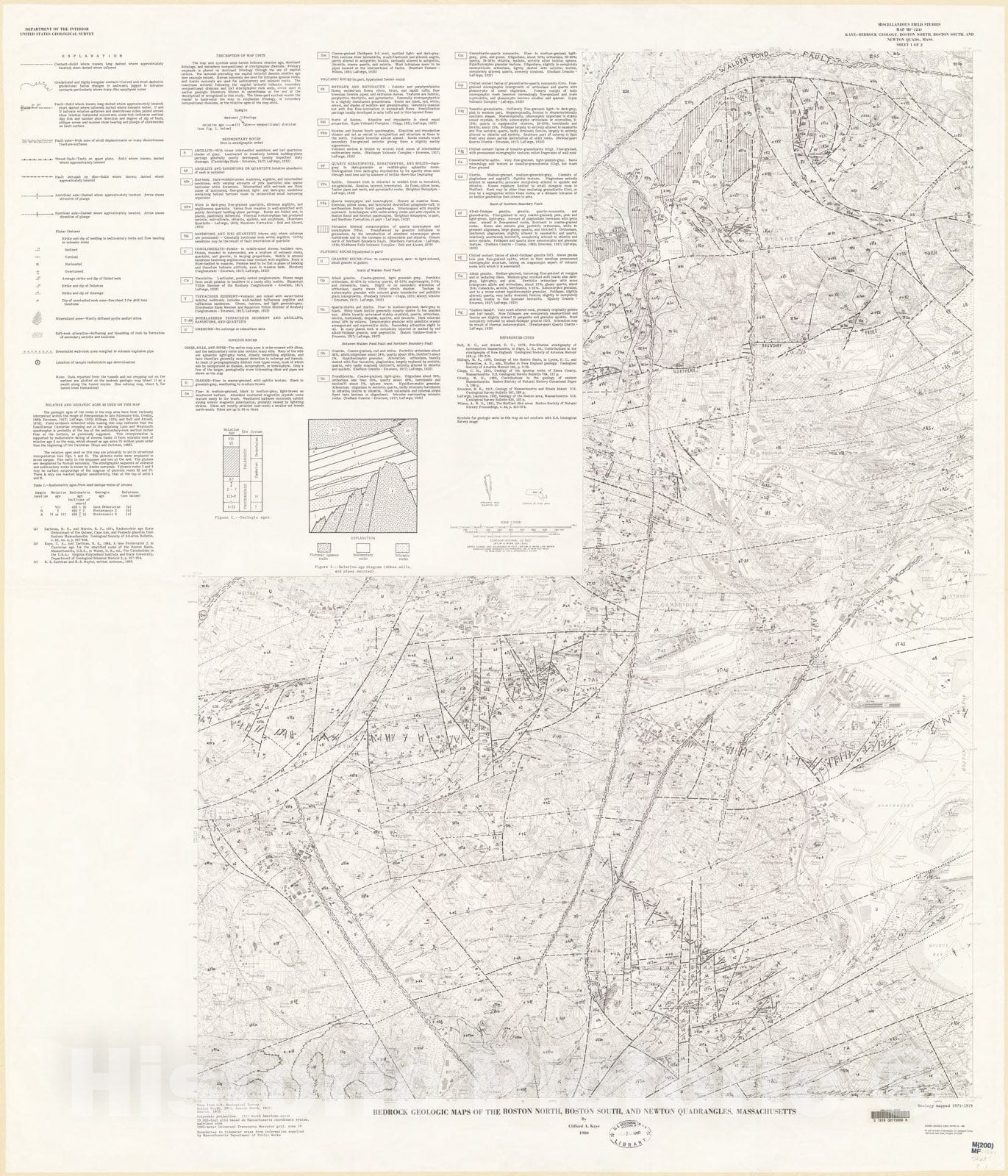 Map : Bedrock geologic maps of the Boston North, Boston South, and Newton quadrangles, Massachusetts, 1980 Cartography Wall Art :