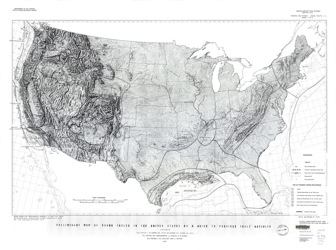 Map : Preliminary map of young faults in the United States as a guide to possible fault activity, 1978 Cartography Wall Art :