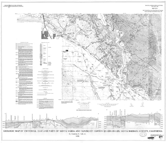 Map : Geologic map of Twitchell Dam and parts of Santa Maria and Tepusquet Canyon quadrangles, Santa Barbara County, California, 1978 Cartography Wall Art :
