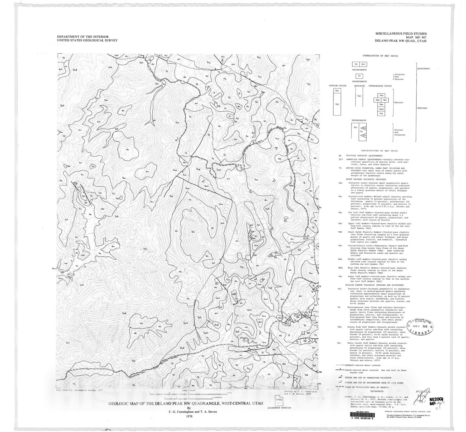 Map : Geologic map of the Delano Peak NW quadrangle, west-central Utah, 1978 Cartography Wall Art :