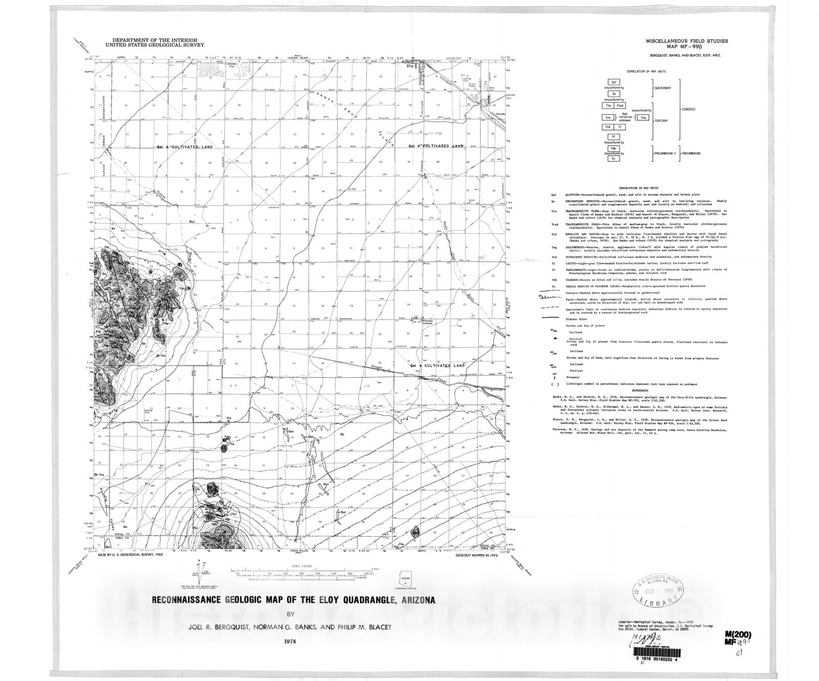 Map : Reconnaissance geologic map of the Eloy quadrangle, Arizona, 1978 Cartography Wall Art :