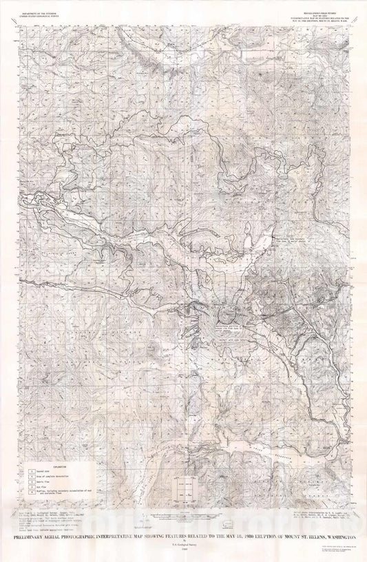 Map : Preliminary aerial photographic interpretative map showing features related to the May 18, 1980 eruption of Mount St. Helens, Washington, 1980 Cartography Wall Art :