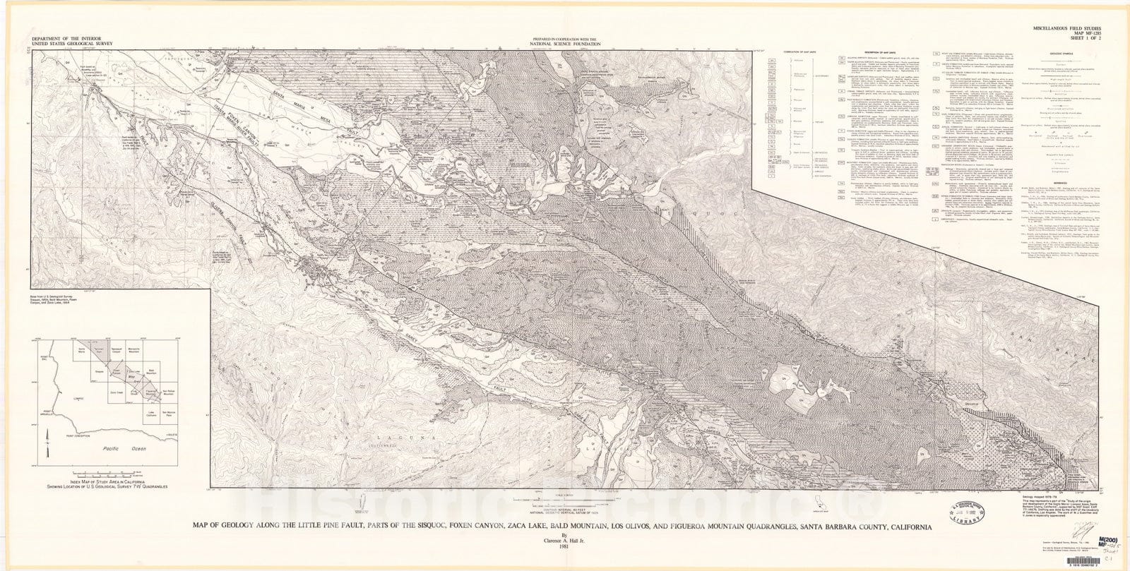 Map : Map of geology along the Little Pine Fault, parts of the Sisquoc, Foxen Canyon, Zaca Lake, Bald Mountain, Los Olivos, and Figueroa, 1981 Cartography Wall Art :