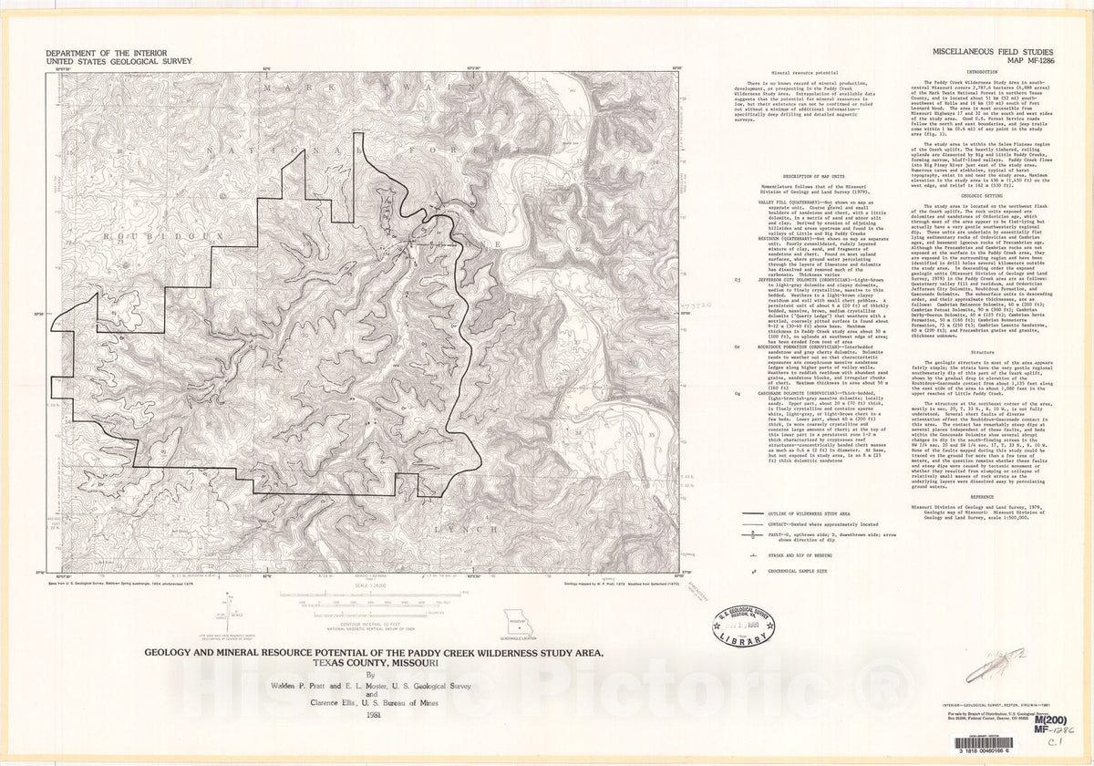 Map : Geology and mineral resource potential of the Paddy Creek Wilderness Study Area, Texas County, Missouri, 1981 Cartography Wall Art :