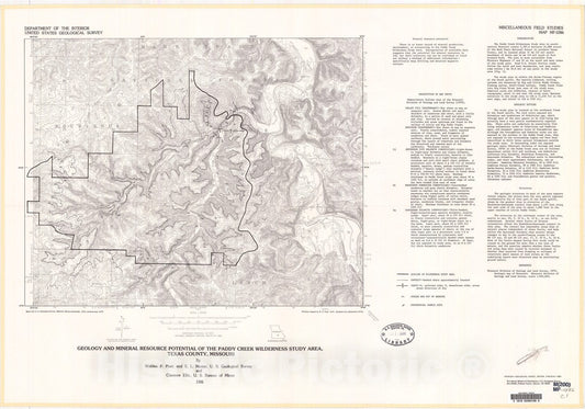 Map : Geology and mineral resource potential of the Paddy Creek Wilderness Study Area, Texas County, Missouri, 1981 Cartography Wall Art :