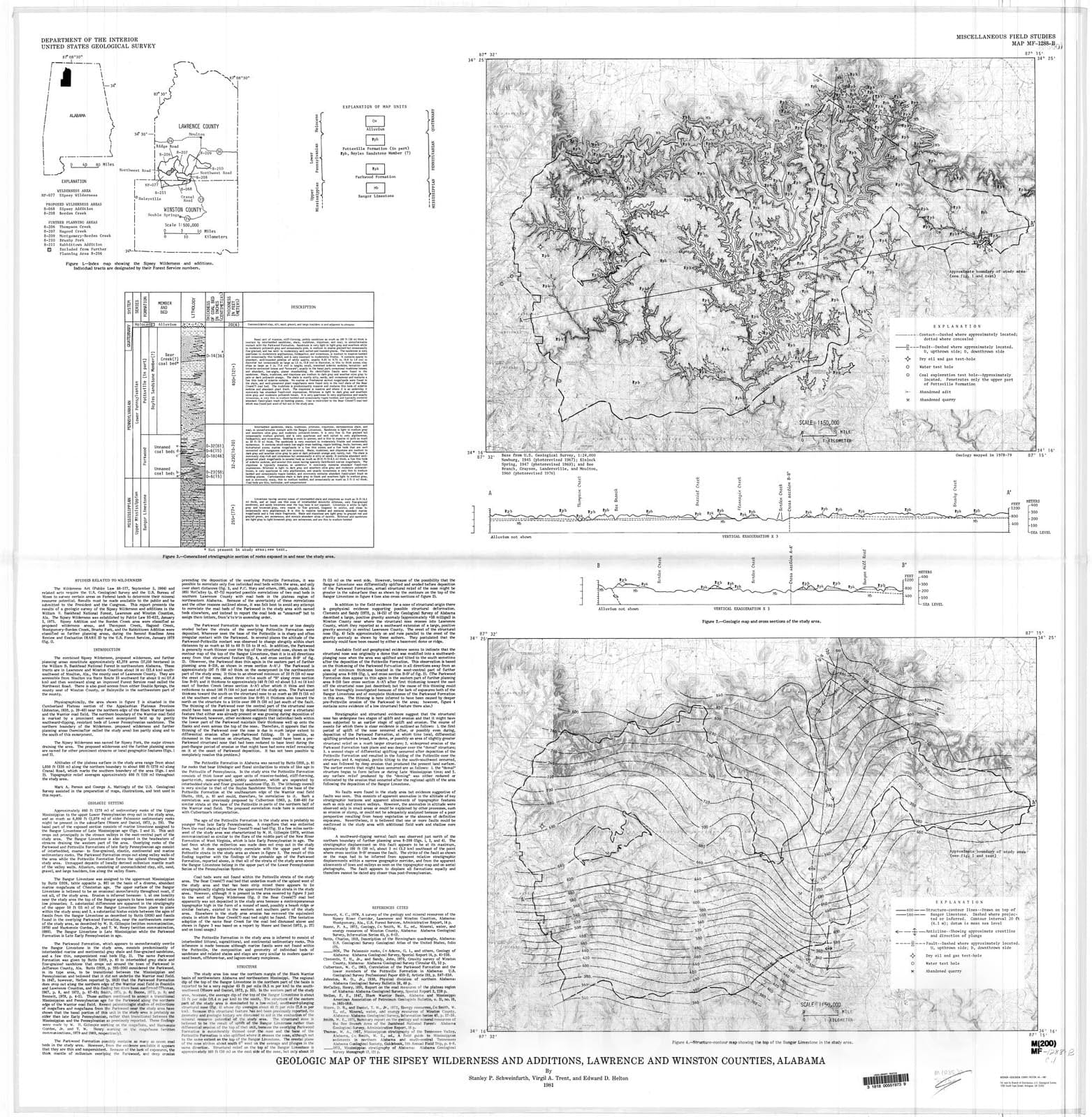 Map : Geologic map of the Sipsey Wilderness and additions, Lawrence and Winston Counties, Alabama, 1981 Cartography Wall Art :