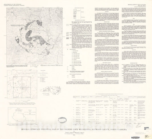 Map : Mineral resource potential map of the Shining Rock Wilderness, Haywood County, North Carolina, 1982 Cartography Wall Art :