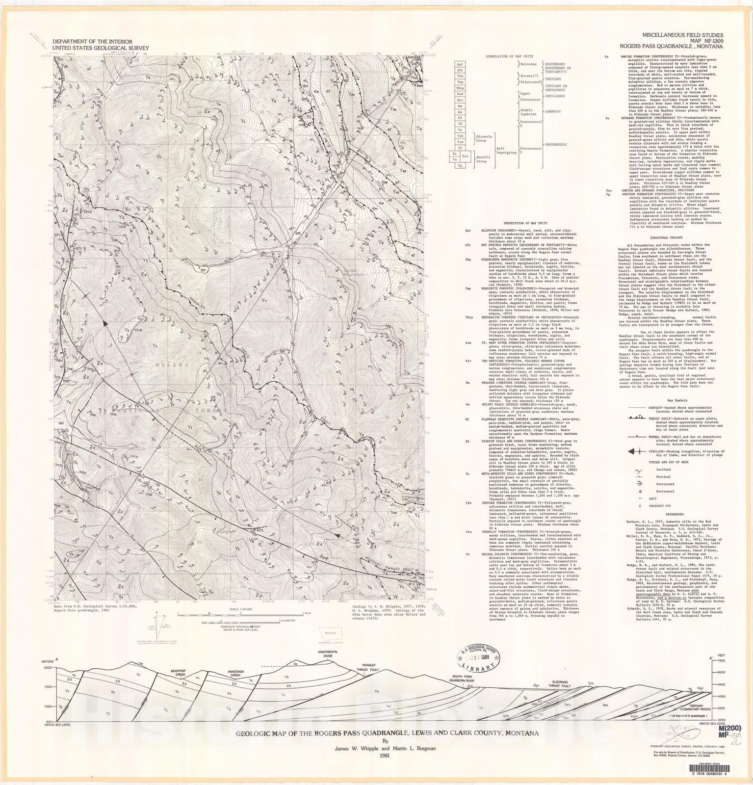 Map : Geologic map of the Rogers Pass quadrangle, Lewis and Clark County, Montana, 1981 Cartography Wall Art :