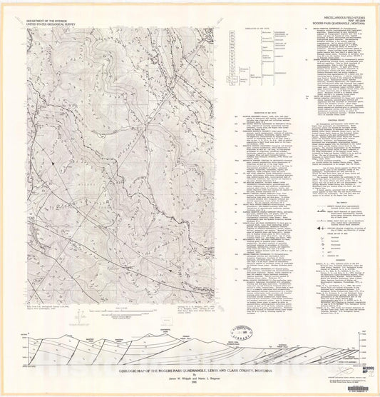 Map : Geologic map of the Rogers Pass quadrangle, Lewis and Clark County, Montana, 1981 Cartography Wall Art :