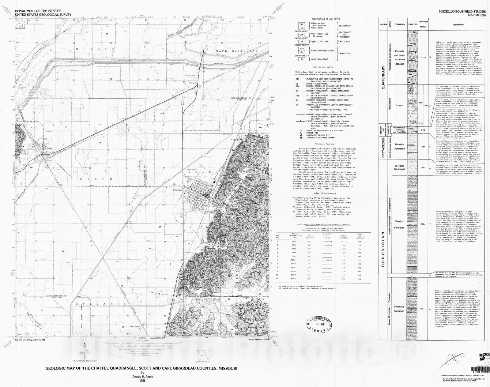 Map : Geologic map of the Chaffee quadrangle, Scott and Cape Girardeau Counties, Missouri, 1981 Cartography Wall Art :