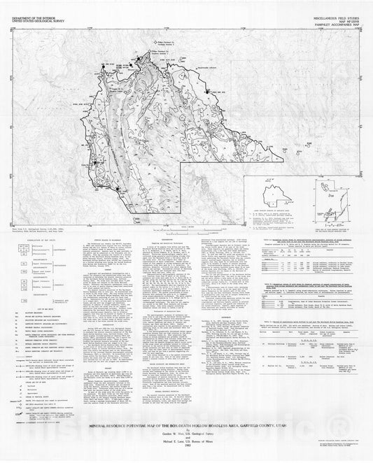 Map : Mineral resource potential map of the Box-Death Hollow Roadless Area, Garfield County, Utah, 1983 Cartography Wall Art :