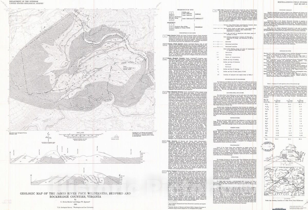 Map : Geologic map of the James River Face Wilderness, Bedford and Rockbridge Counties, Virginia, 1981 Cartography Wall Art :