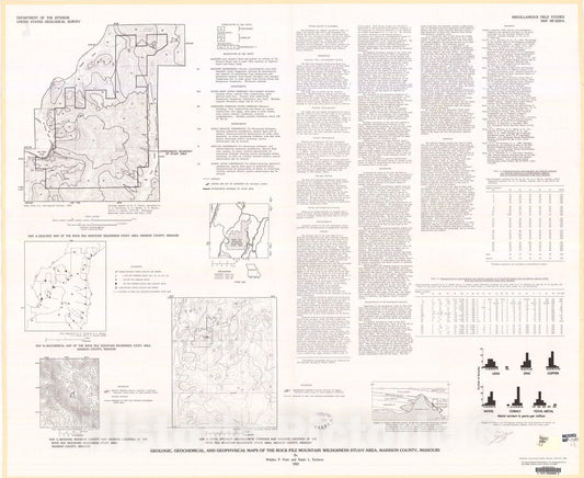 Map : Geologic, geochemical, and geophysical maps of the Rock Pile Mountain Wilderness Study Area, Madison County, Missouri, 1982 Cartography Wall Art :