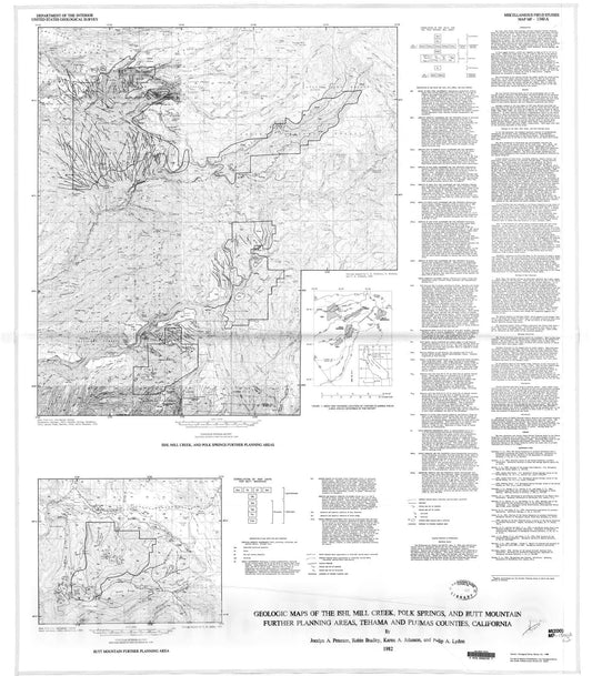 Map : Geologic maps of the Ishi, Mill Creek, Polk Springs, and Butt Mountain Further Planning Areas, Tehama and Plumas Counties, California, 1982 Cartography Wall Art :