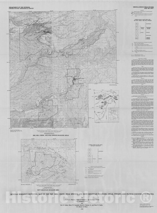 Map : Mineral resource potential of the Ishi, Mill Creek, Polk Springs, and Butt Mountain Further Planning Areas, Tehama and Plumas Counties, California, 1983 Cartography Wall Art :