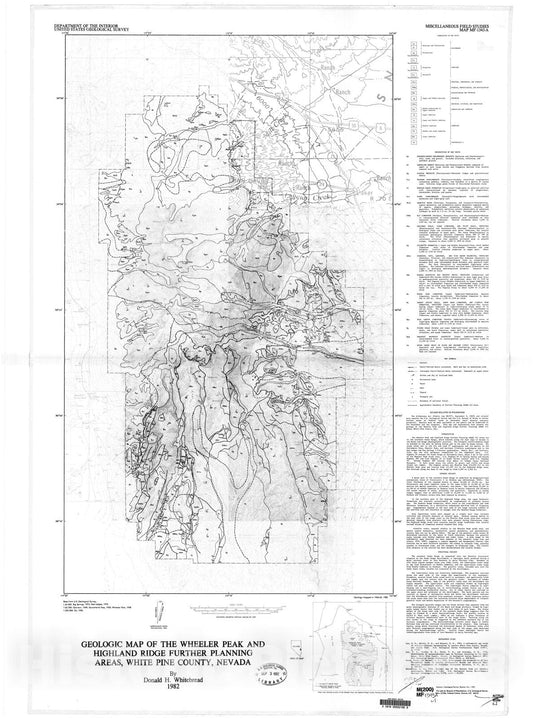 Map : Geologic map of the Wheeler Peak and Highland Ridge Further Planning Areas, White Pine County, Nevada, 1982 Cartography Wall Art :
