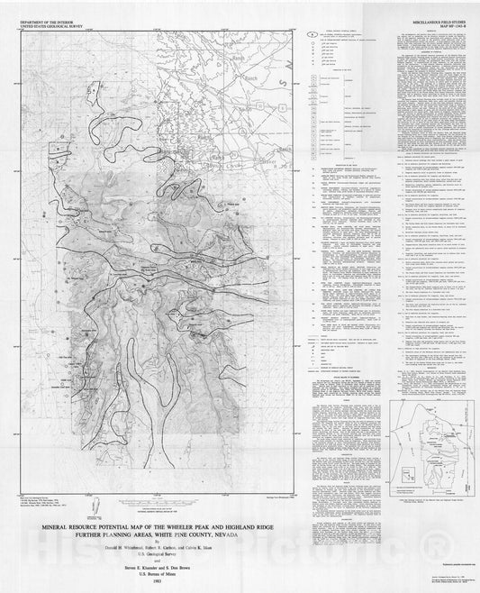 Map : Mineral resource potential map of the Wheeler Peak and Highland Ridge Further Planning Areas, White Pine County, Nevada, 1983 Cartography Wall Art :