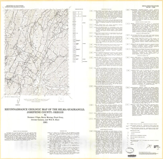 Map : Reconnaissance geologic map of the Selma quadrangle, Josephine County, Oregon, 1981 Cartography Wall Art :